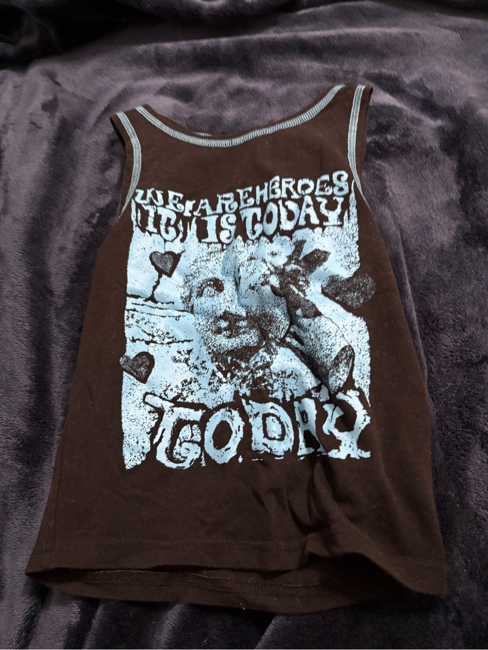 Brown Graphic Tank Top with Light Blue Print